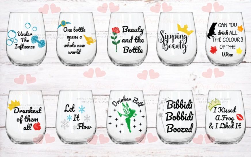 Set of 10 Drunk Disney Wine Glasses